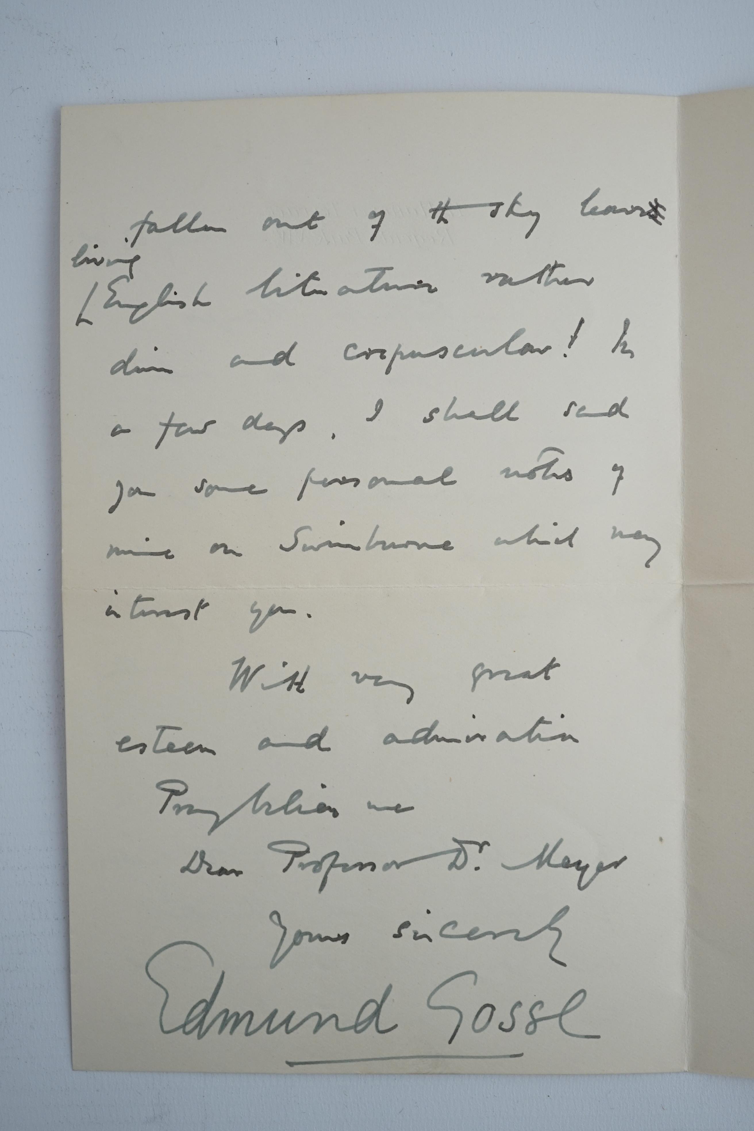 Edmund Gosse (1849-1928). Handwritten letter with full signature, to a Professor Richard Meyer, 23 May 1909. Discusses the “double blow” of the recent deaths of “our two most majestic luminaries”